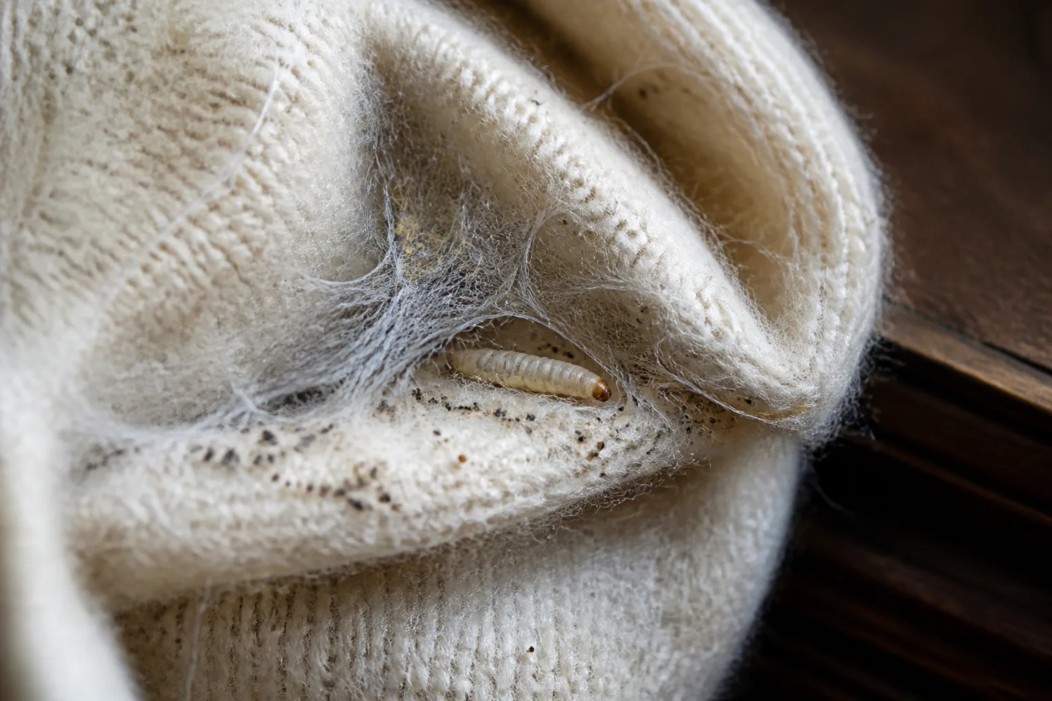 Tan clothes moth resting on folded natural wool fabric in a sealed storage bin