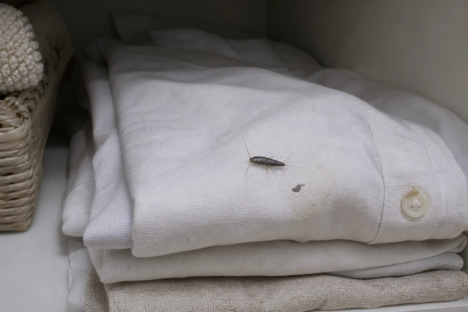 Silvery-gray silverfish with three tail bristles on white paper beside a book binding with irregular grazing damage