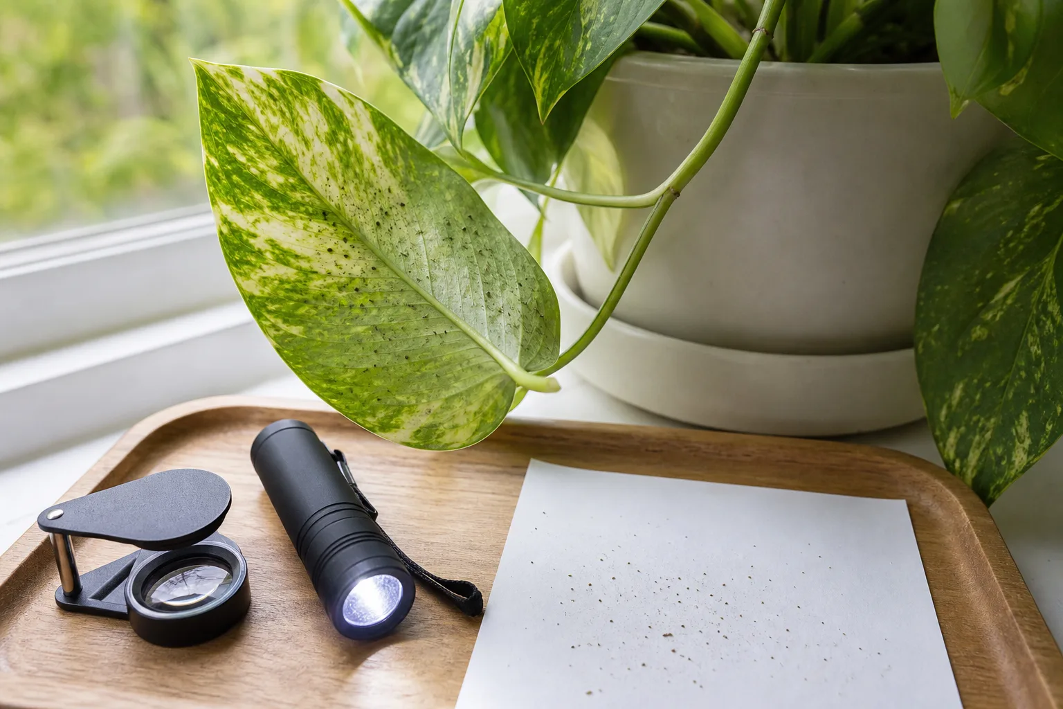 Houseplant on a shelf inspected for crawling soil pests before applying a dry surface dust