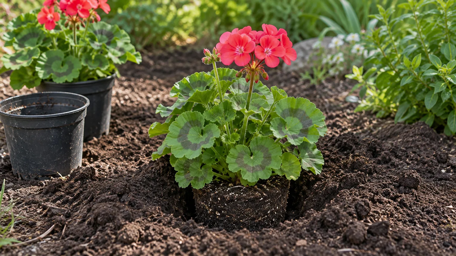 A young geranium planted into a garden bed after frost danger has passed