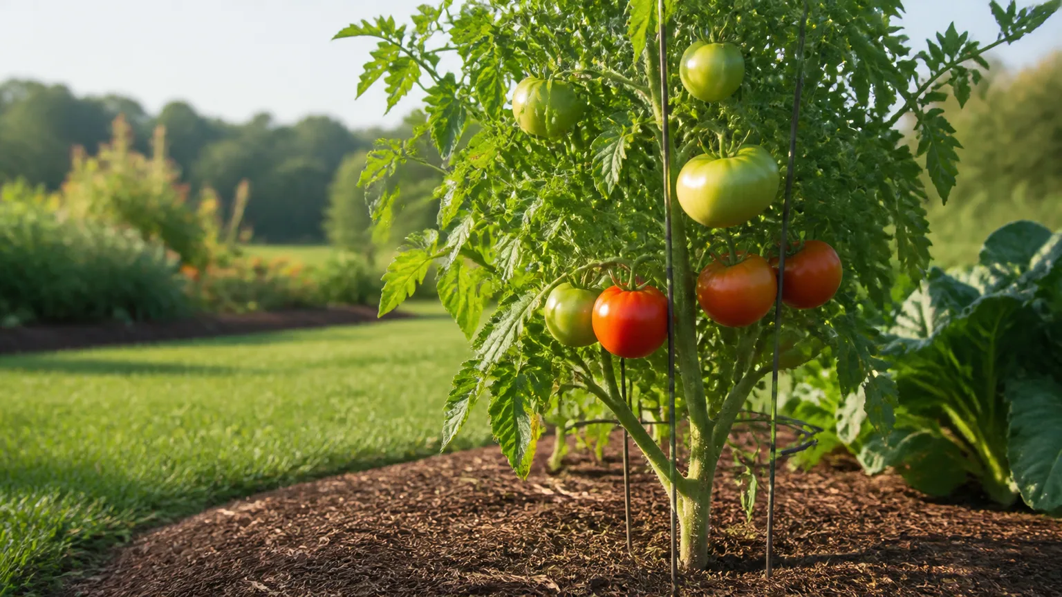 Staked indeterminate tomato vine with green and ripening fruit in a sunny home garden, ready for sucker pruning
