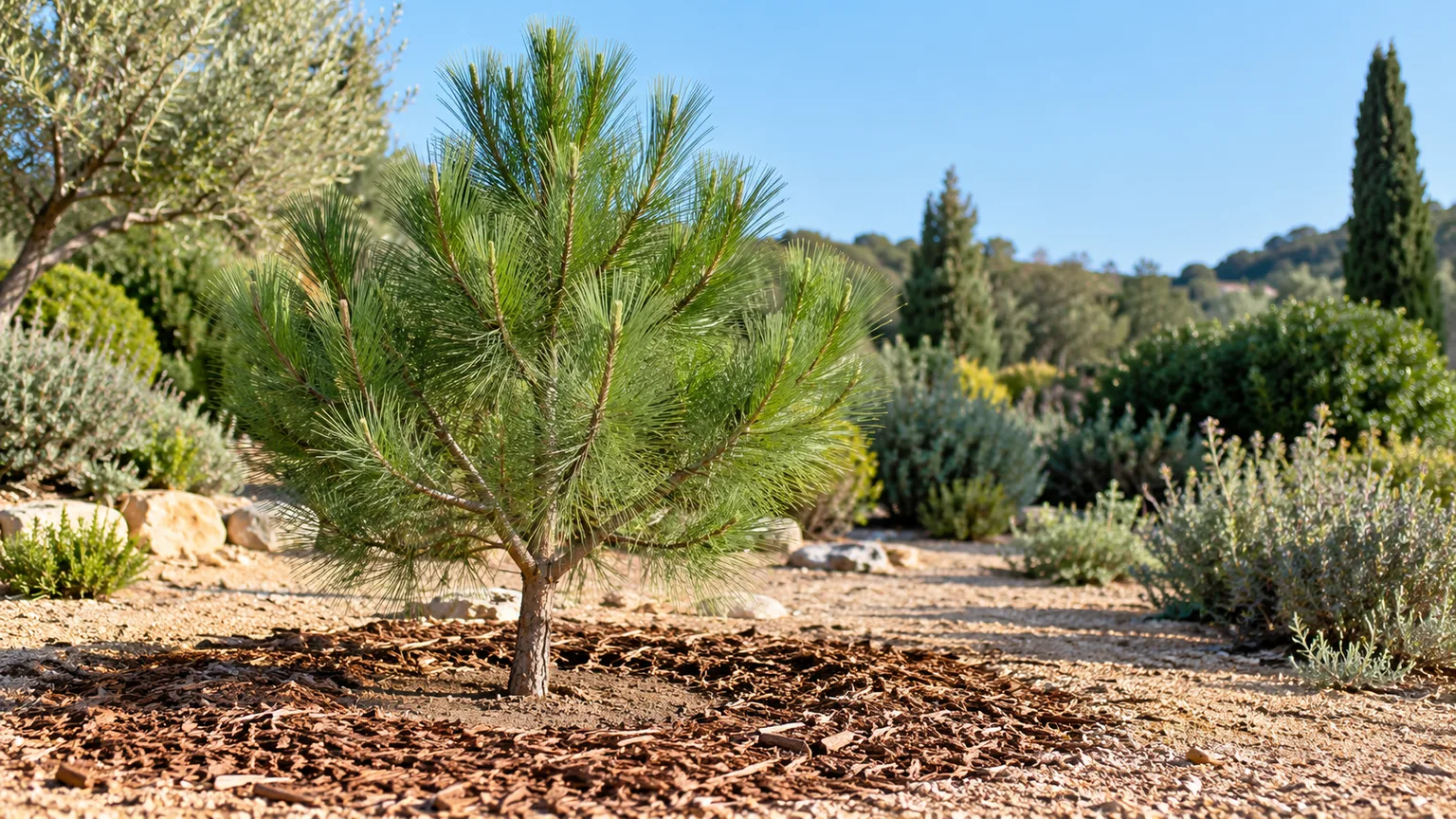 A young stone pine planted in a sunny, open garden with mulch kept away from its trunk