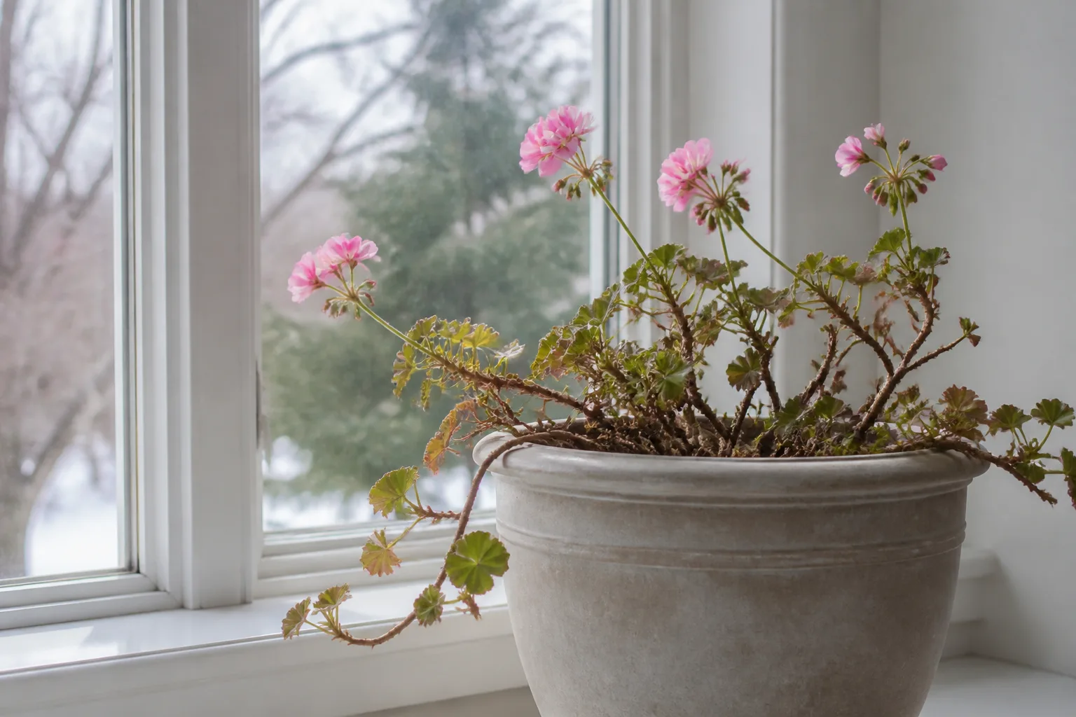 Geranium growing in a bright winter windowsill