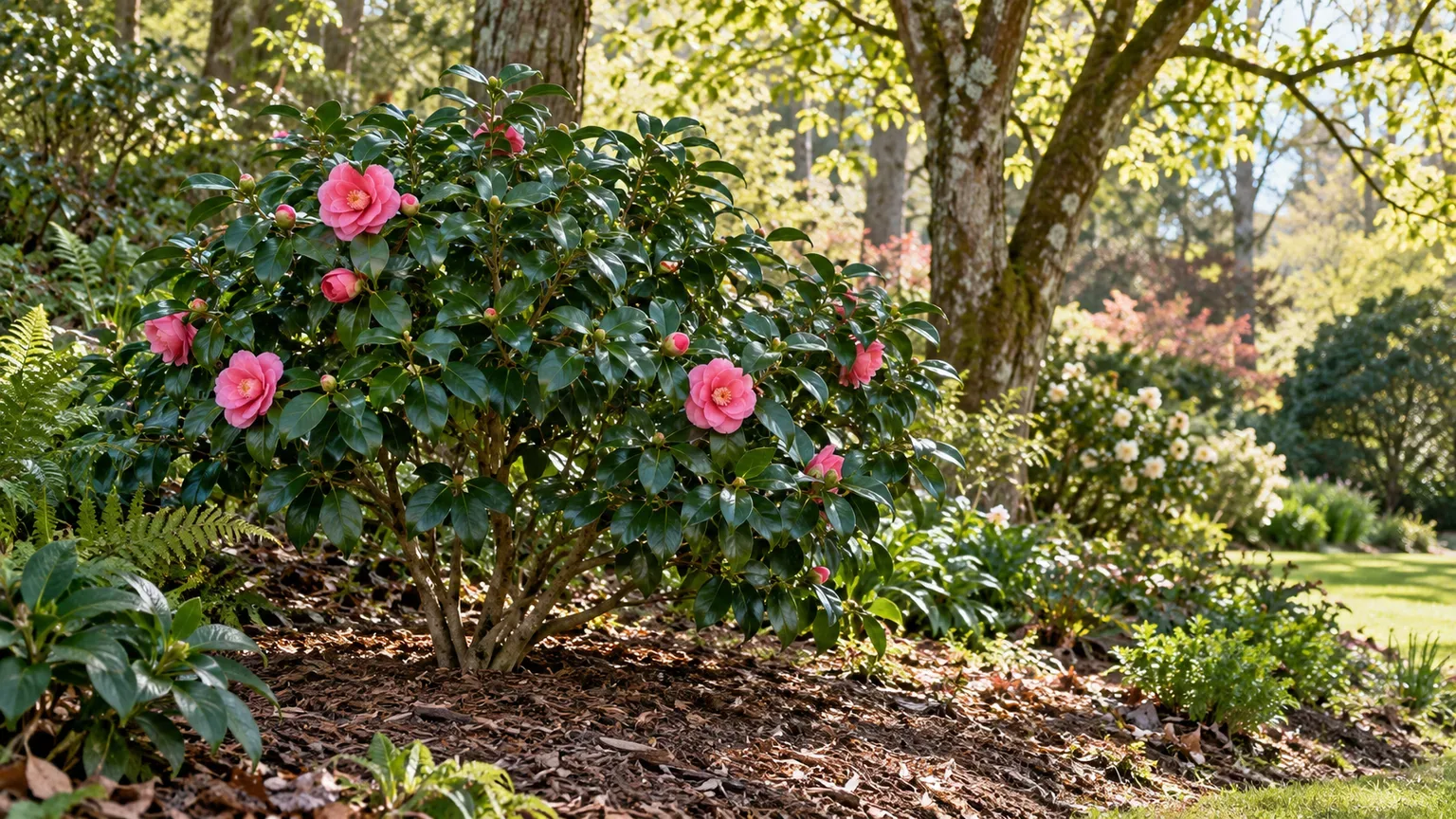 Japanese camellia planted in a sheltered, dappled woodland border with mulch clear of its stems