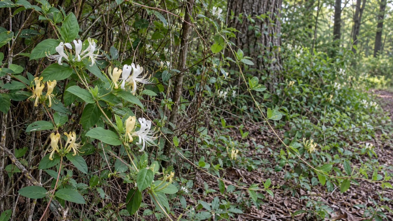Japanese honeysuckle twining through a woodland-edge shrub with white and aging yellow flowers