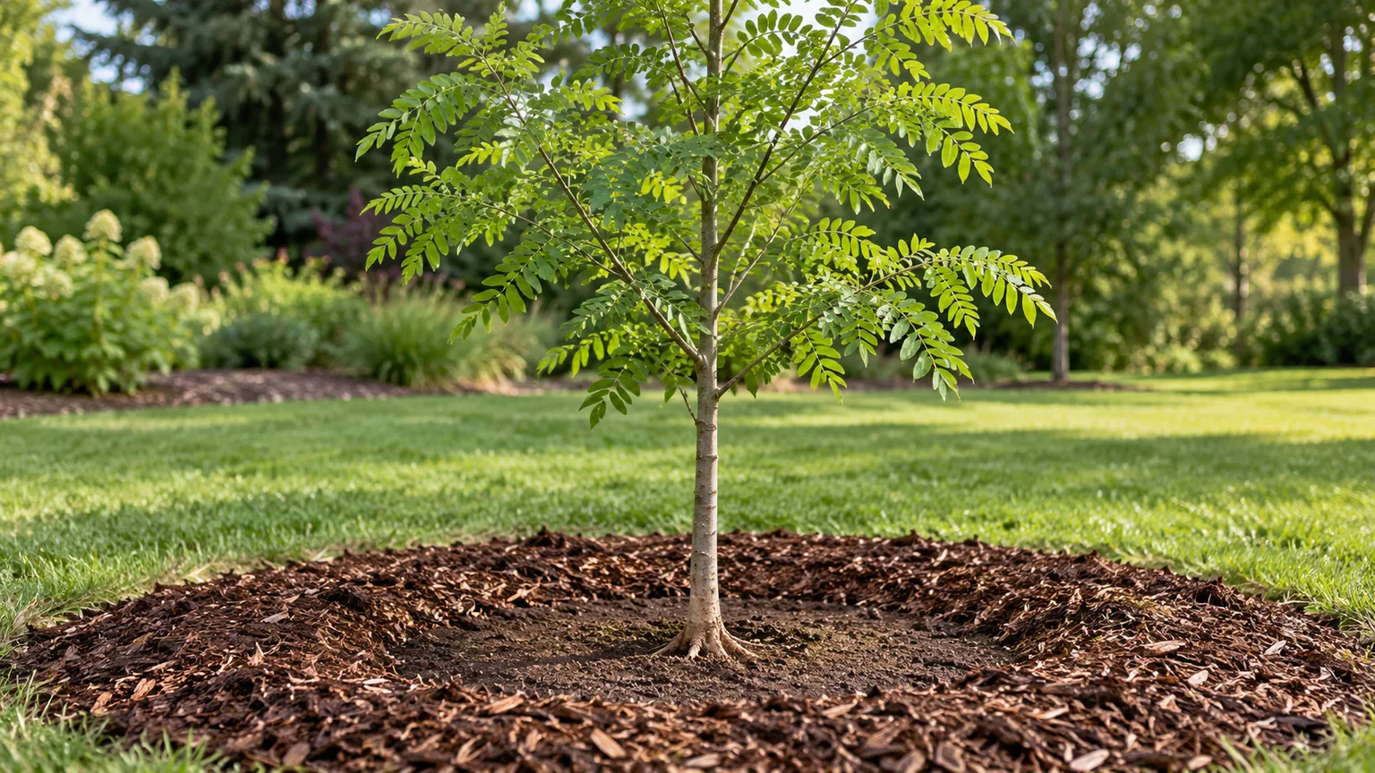 Young Japanese pagoda tree planted with its root flare visible and mulch kept clear of the trunk