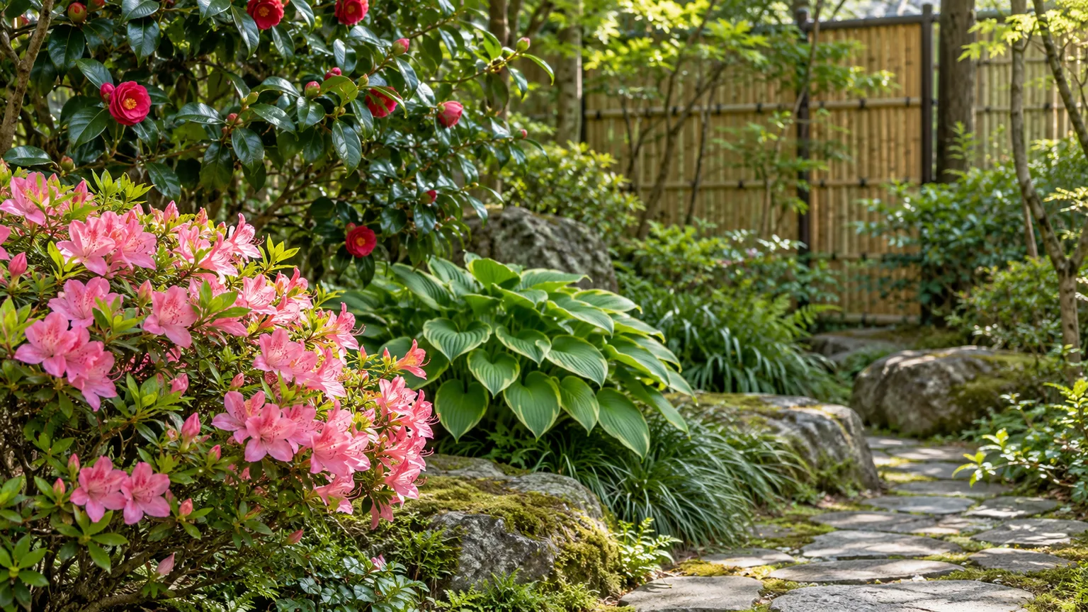Japanese garden border with flowering azalea, camellia, hosta, and a bamboo screen