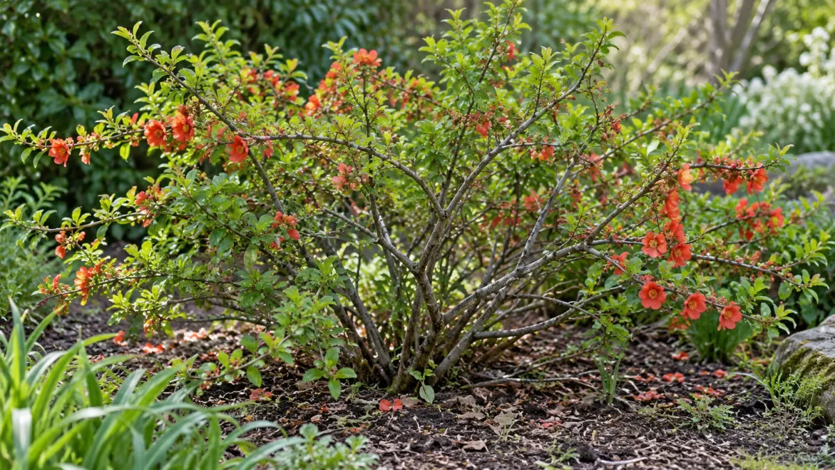 Japanese quince after light post-bloom thinning, with an open center and natural spreading outline
