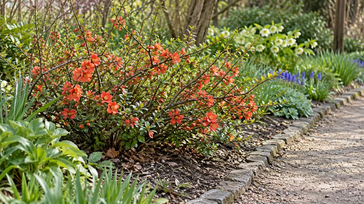 Low Japanese quince set at the edge of a sunny garden bed with clear space beside a path