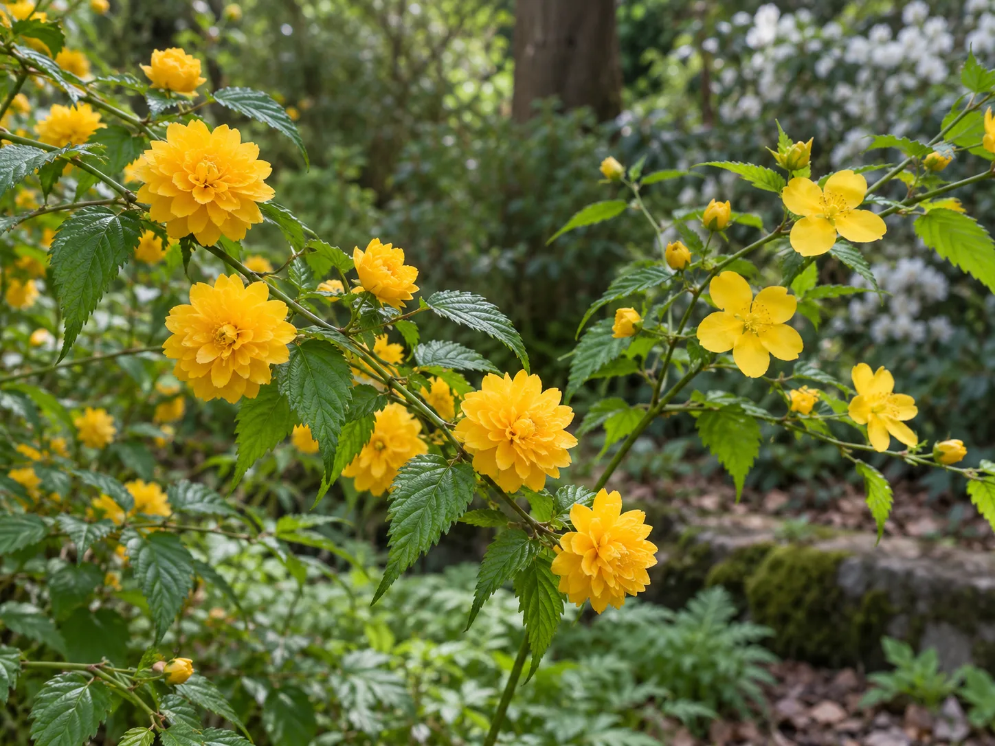 Single and double yellow flowers on Japanese kerria stems