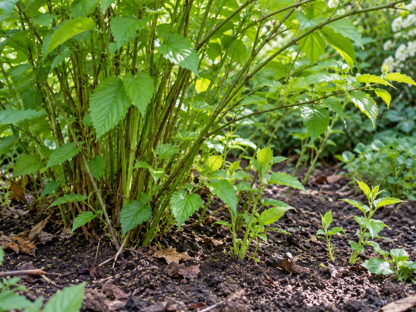 Japanese kerria clump with young suckers emerging beyond the main stems