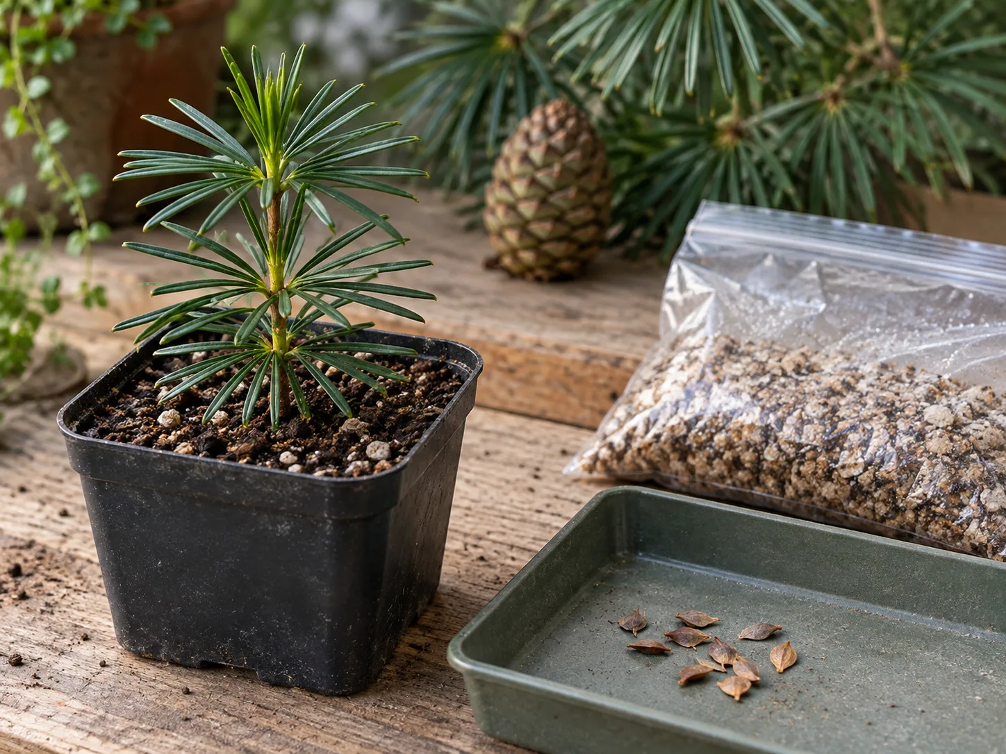 A young Japanese umbrella pine seedling beside seeds and a moist medium prepared for cold stratification