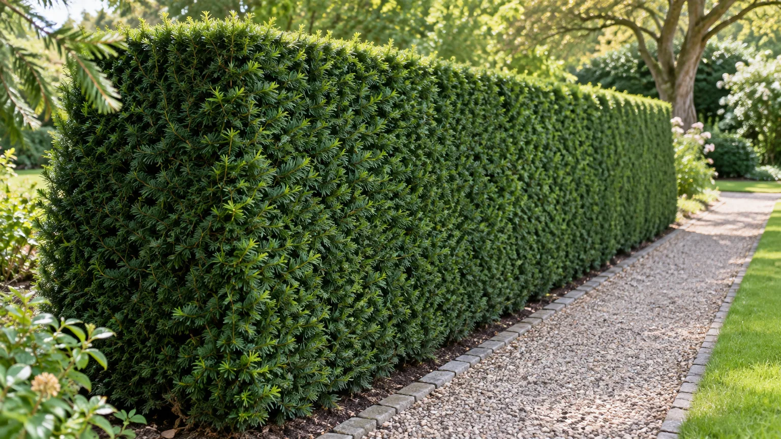 A neatly shaped yew hedge with a gently tapered face along a garden path