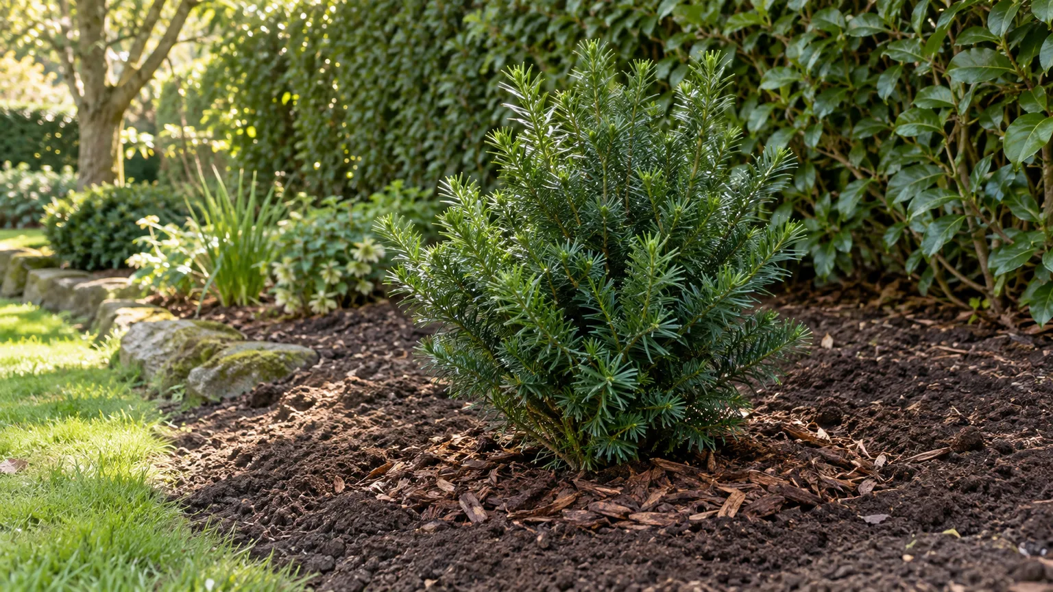 A young Japanese yew planted in a mulched garden bed