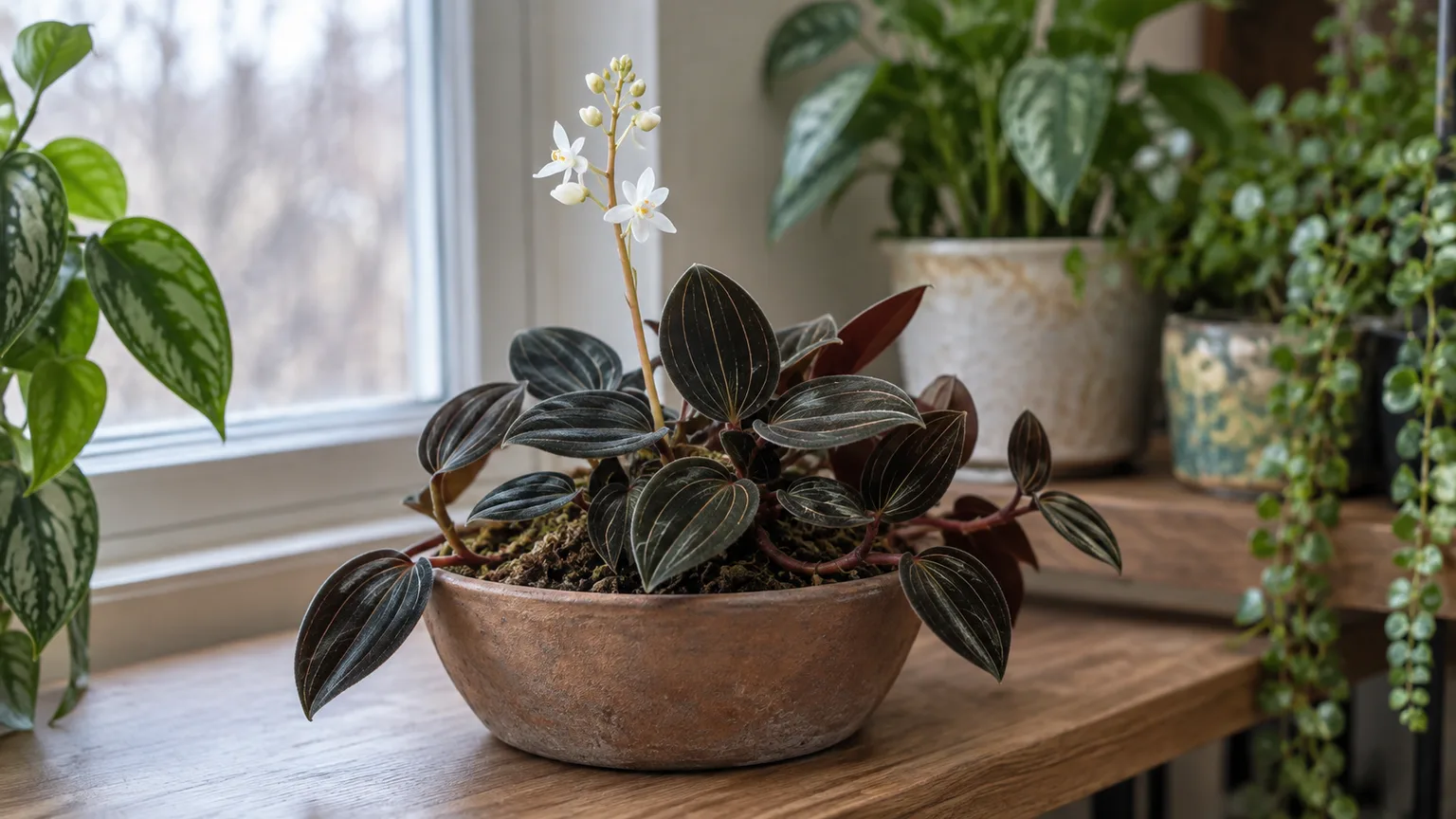 Jewel orchid foliage and patterned leaves in an indoor growing setup
