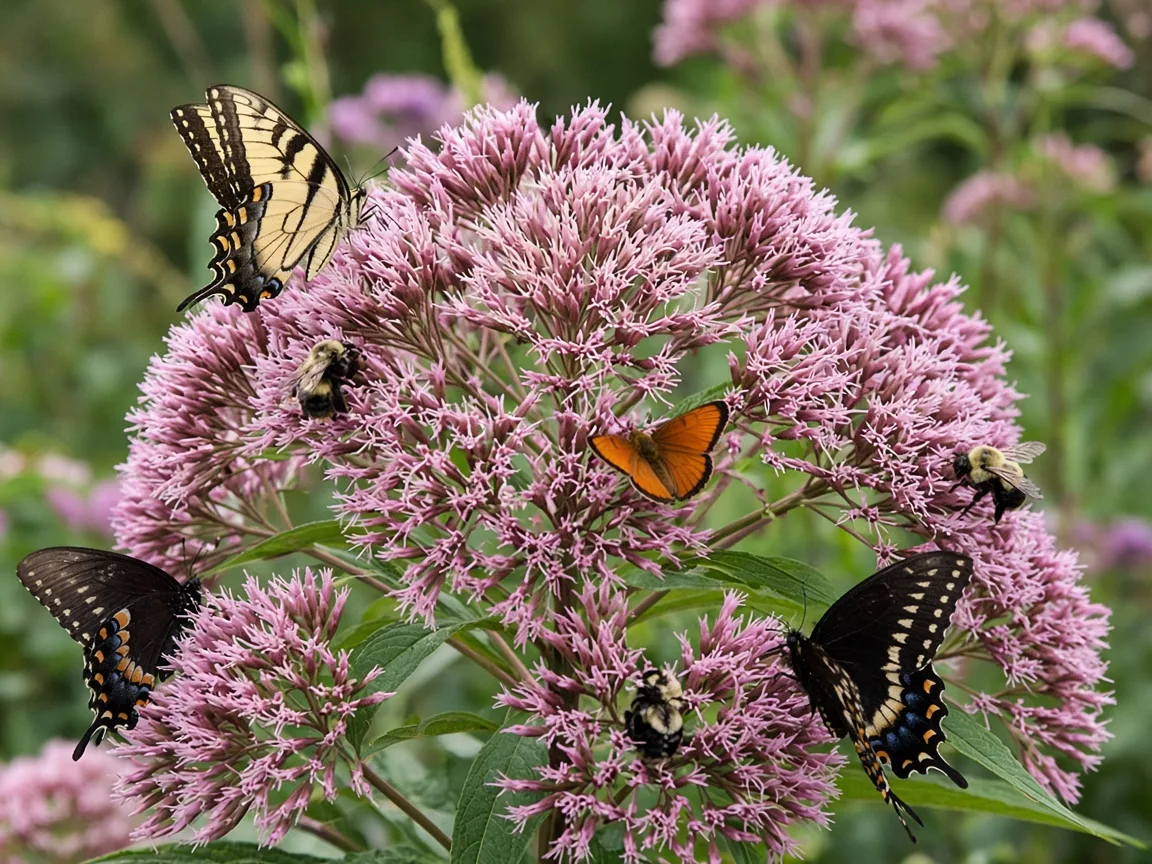 Butterflies feeding on a dense cluster of Joe Pye weed flowers