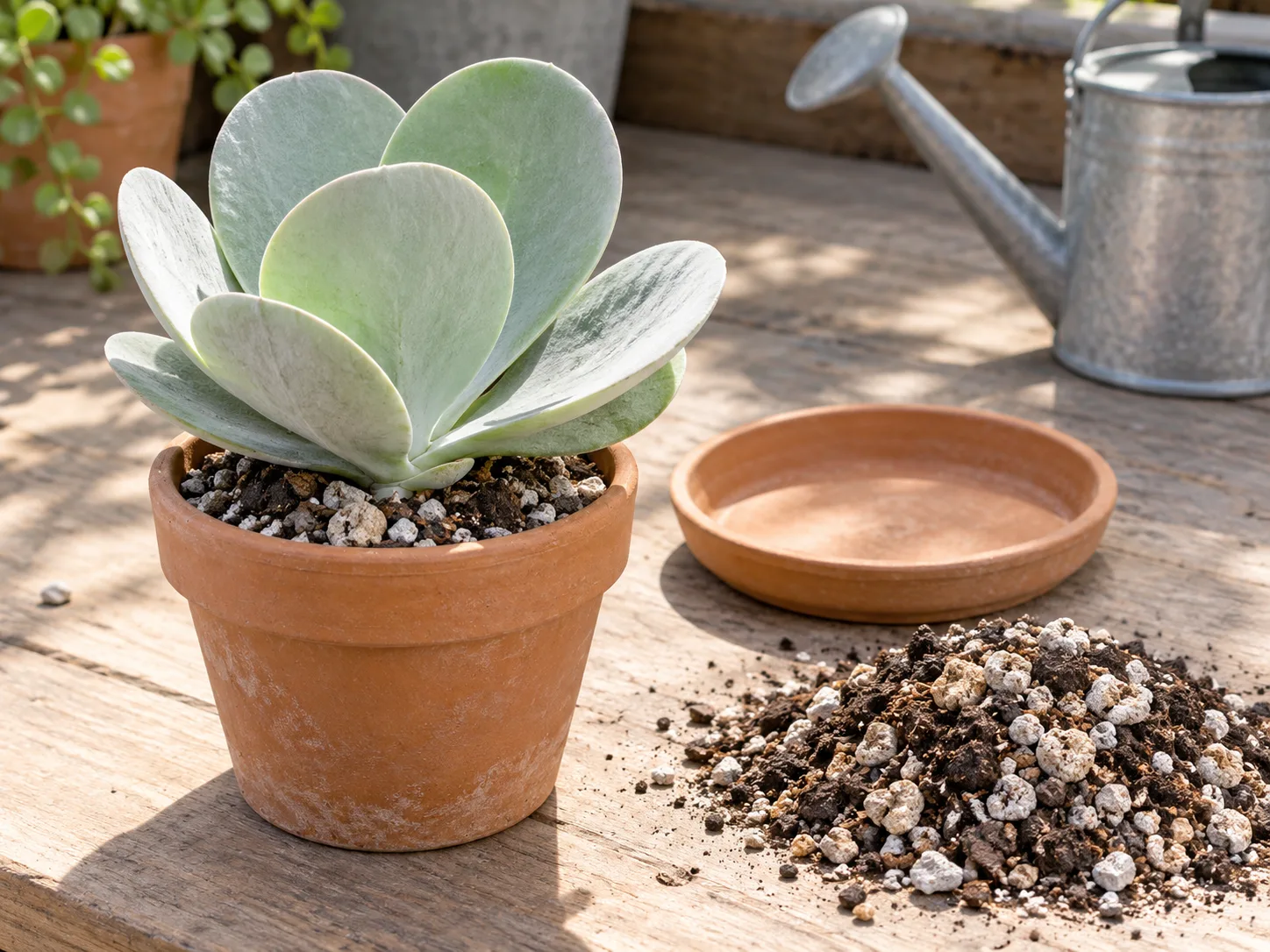 Kalanchoe thyrsiflora in a terracotta pot beside airy succulent mix and an empty drainage saucer.