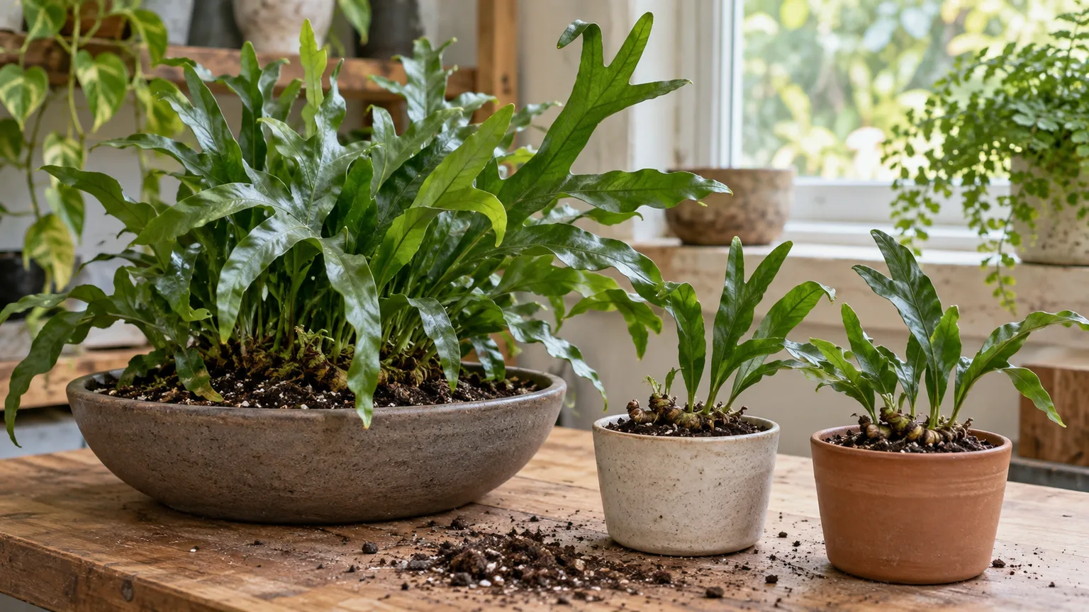 A mature kangaroo paw fern beside two healthy potted divisions with creeping rhizomes visible at the soil surface