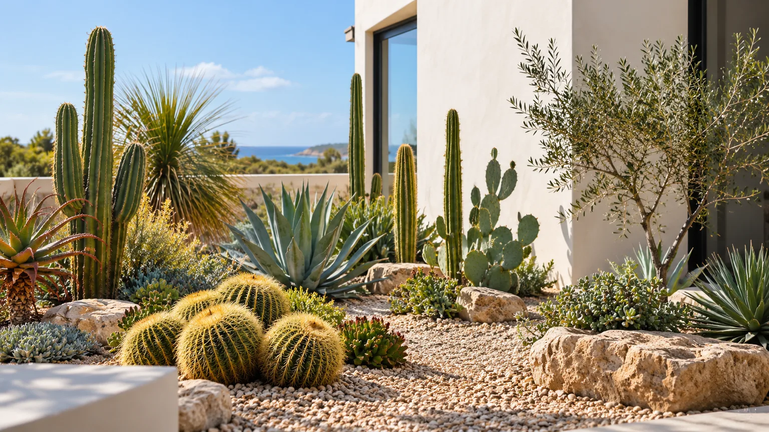 Illustrative coastal courtyard with a gravel cactus garden and sculptural succulents