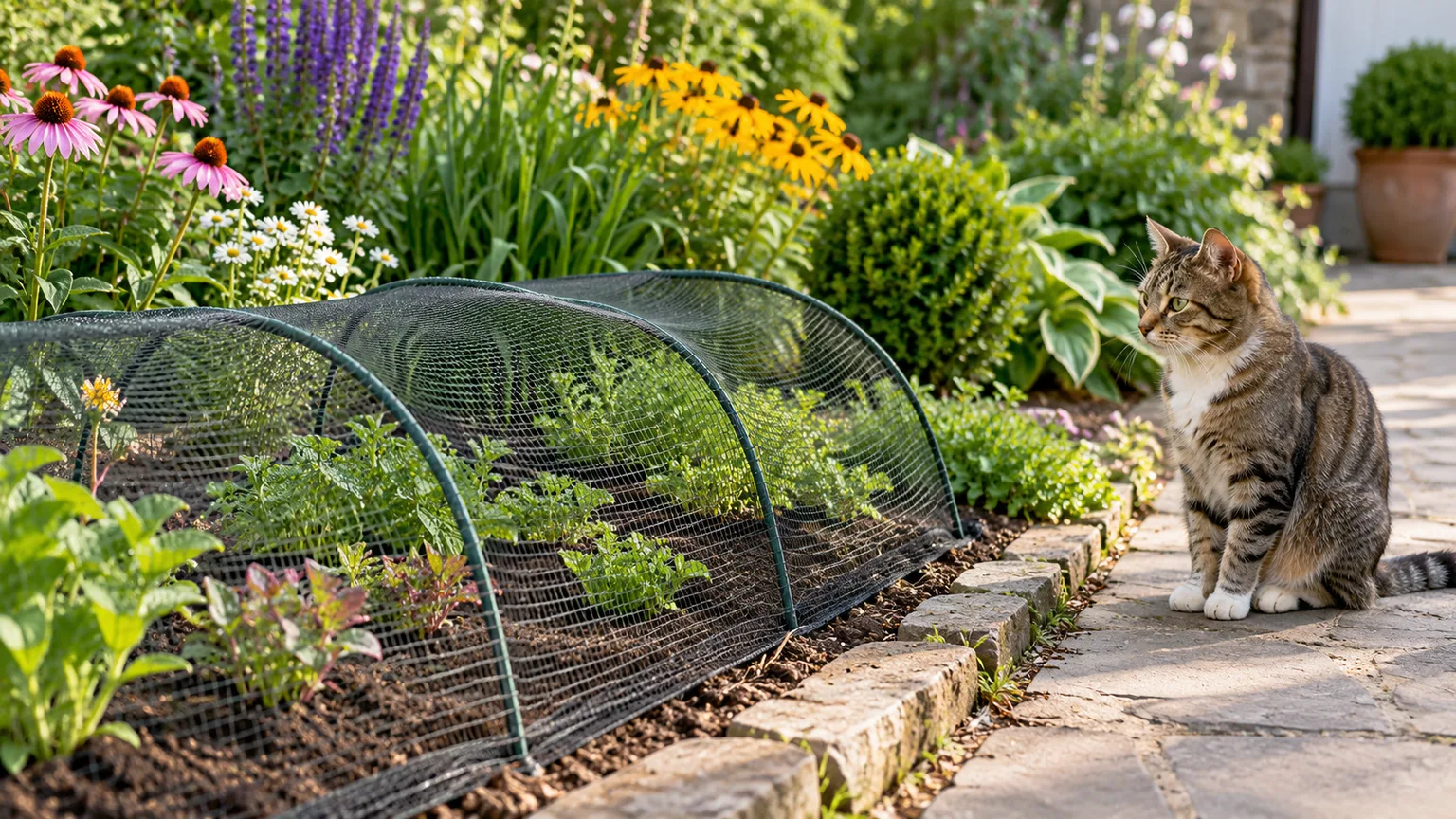 A tabby cat sits beside a flower bed protected by a taut mesh cover.