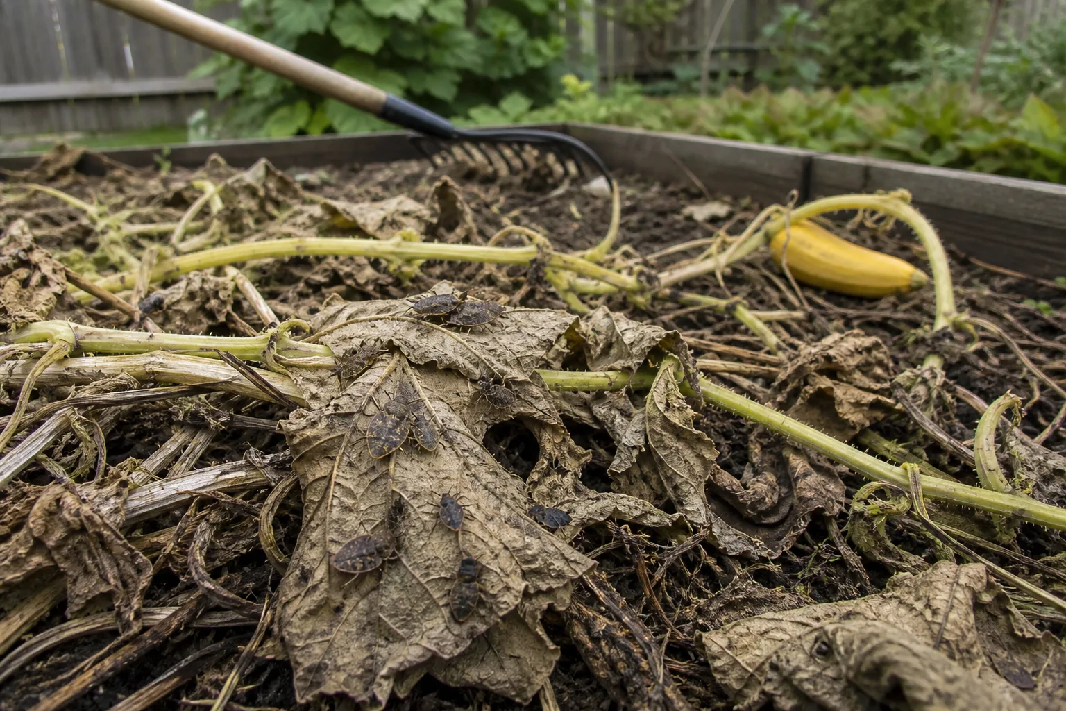 Dense zucchini and summer squash vines with broad green leaves filling a backyard vegetable bed