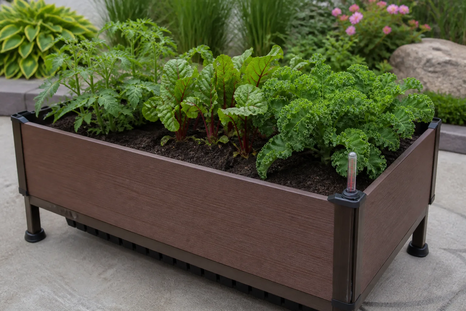 Self-watering elevated raised planter with herbs growing on a patio