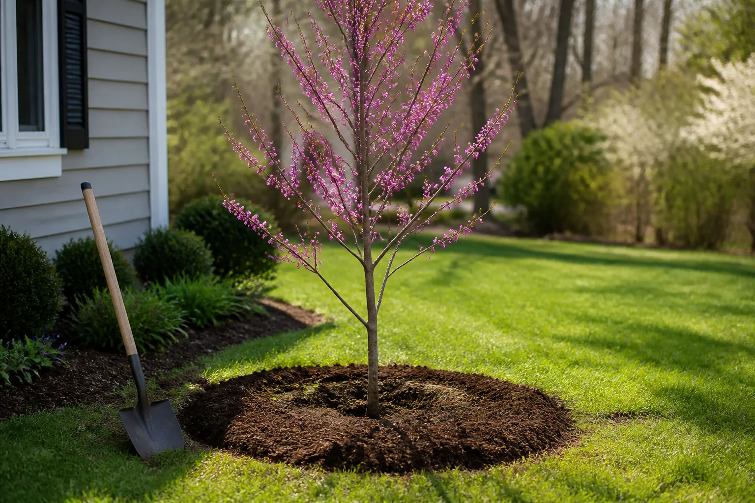 Young eastern redbud tree freshly planted in a mulched garden bed beside a home