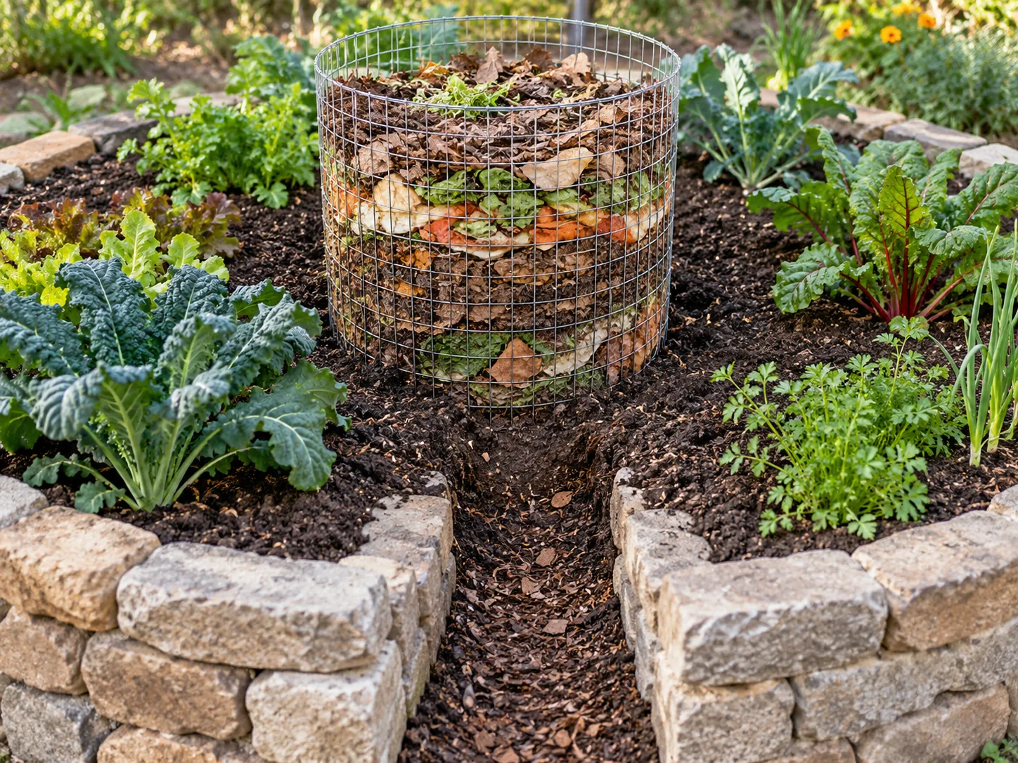 A keyhole garden’s center basket holds loose layers of compostable material inside the access notch