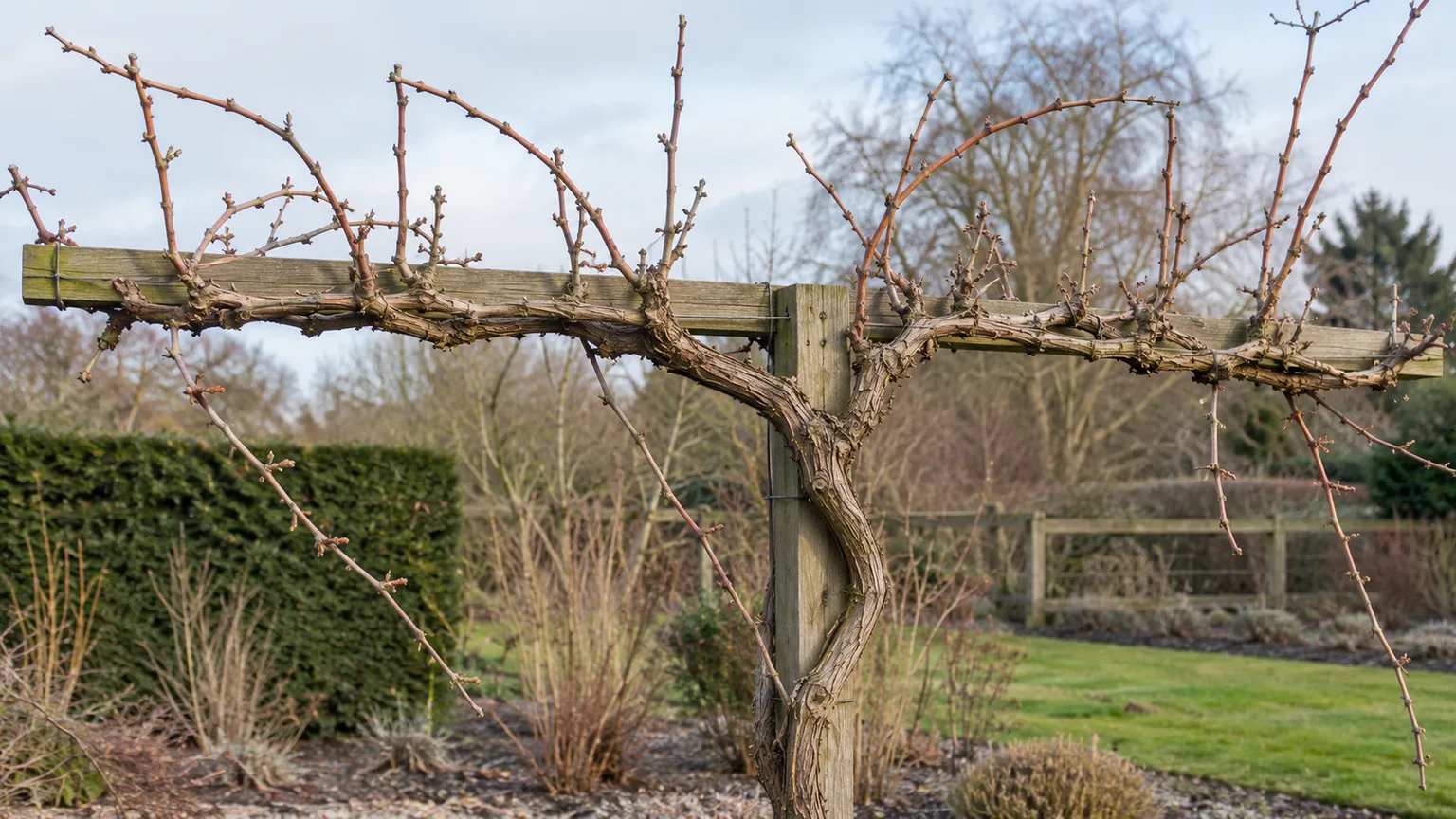 Dormant hardy kiwi vine trained along a T-bar trellis with an open framework of cordons and canes
