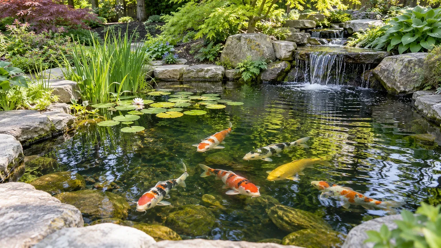 A koi pond with colorful fish, stone edging, lily pads, and a low garden waterfall