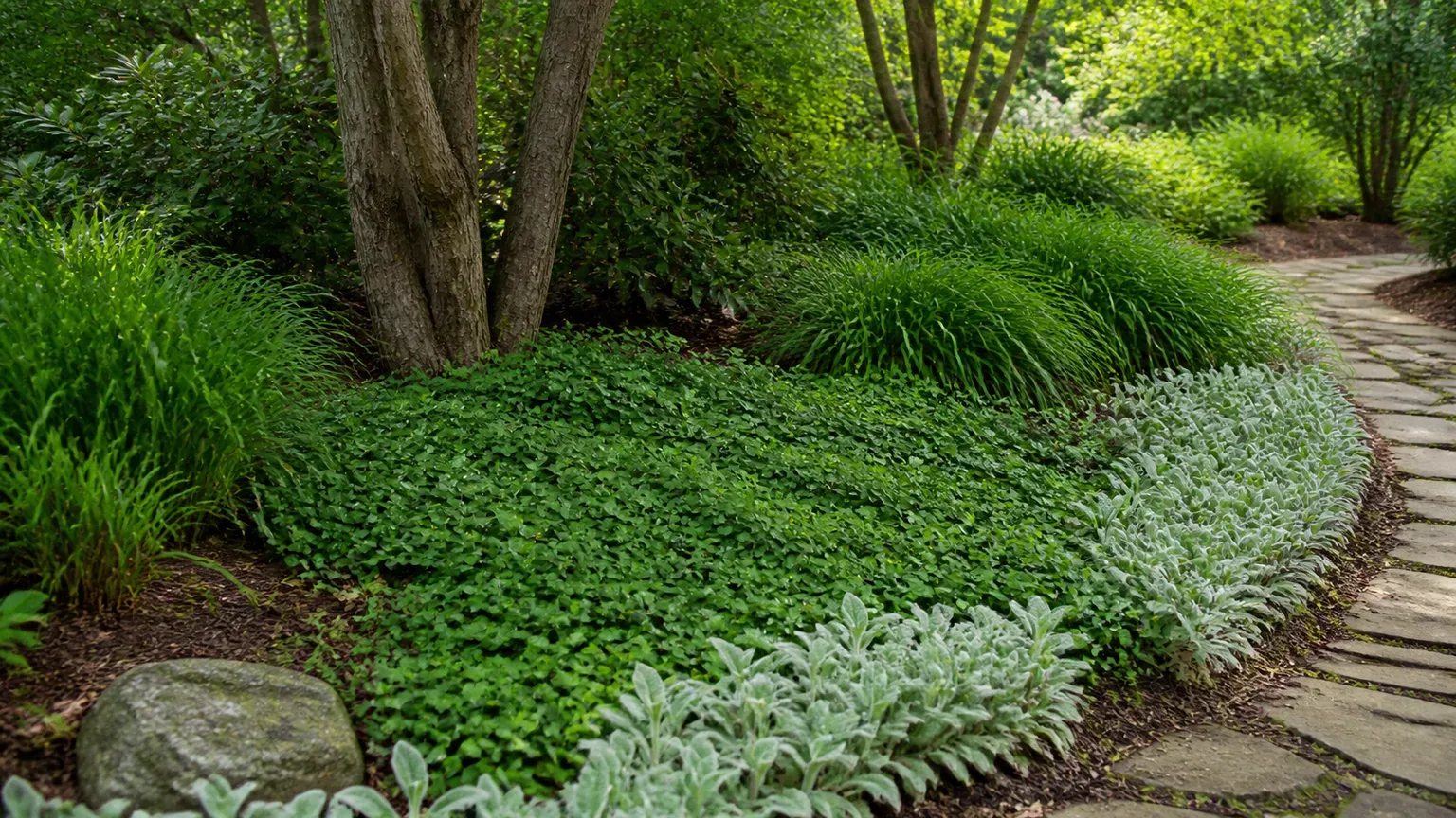 Low groundcover and native perennials filling a shaded backyard bed where turf struggled