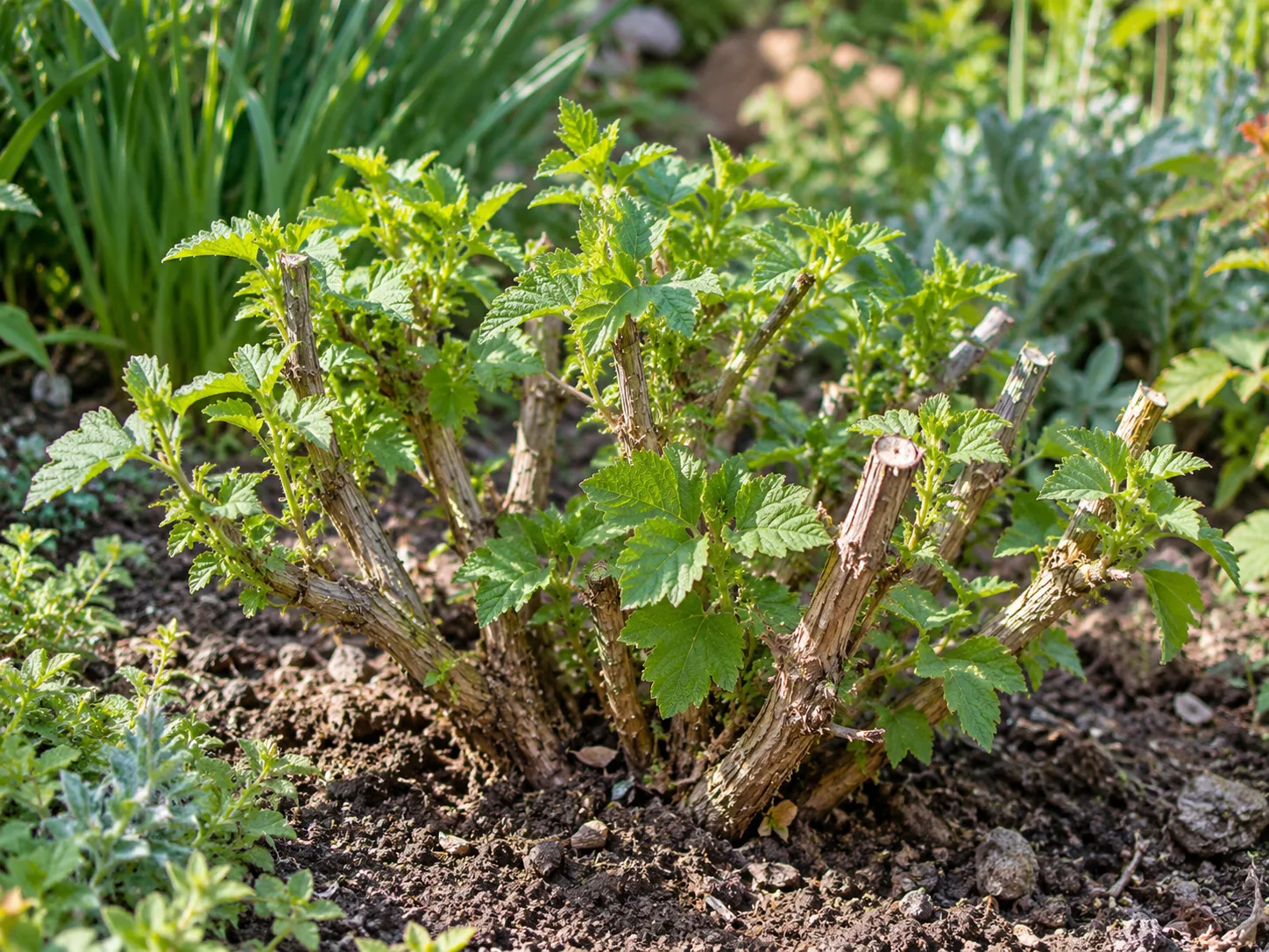 Spring-pruned woody Lavatera subshrub with fresh shoots emerging from retained low buds