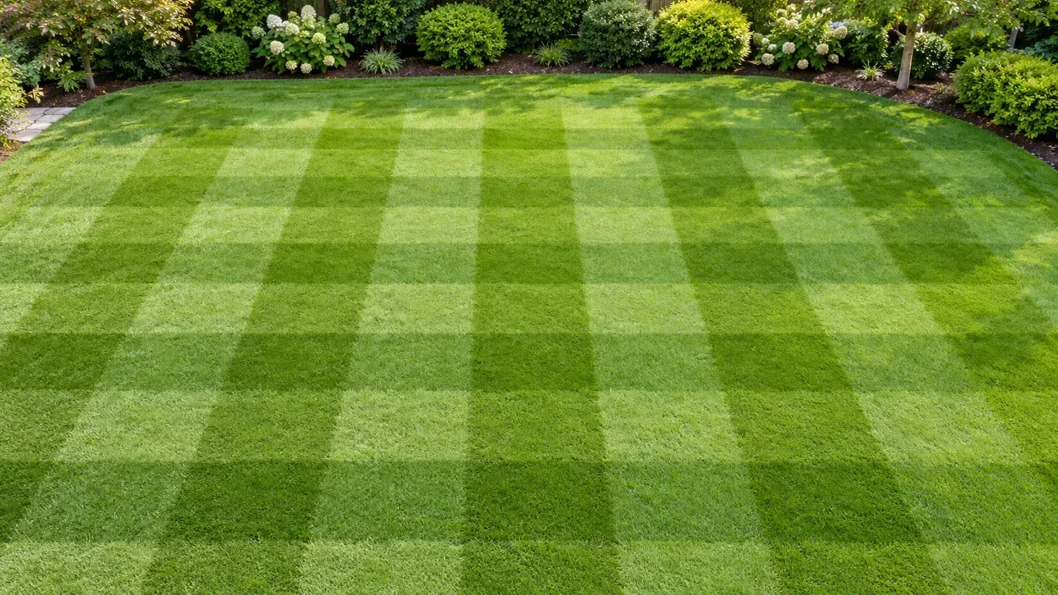 A freshly mown lawn shows a clear checkerboard formed by two crossing mowing directions