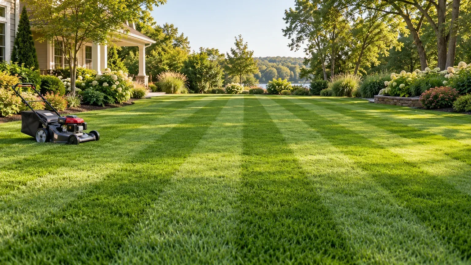 Alternating light and dark mowing stripes across a residential lawn