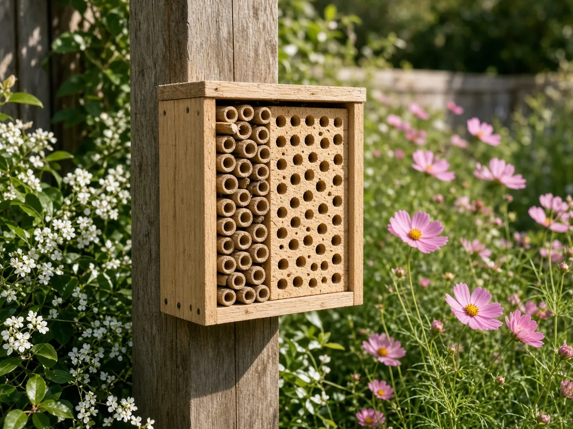A wooden nesting habitat in a flowering garden represents the wider habitat questions behind beneficial-insect and pollinator-friendly horticulture.