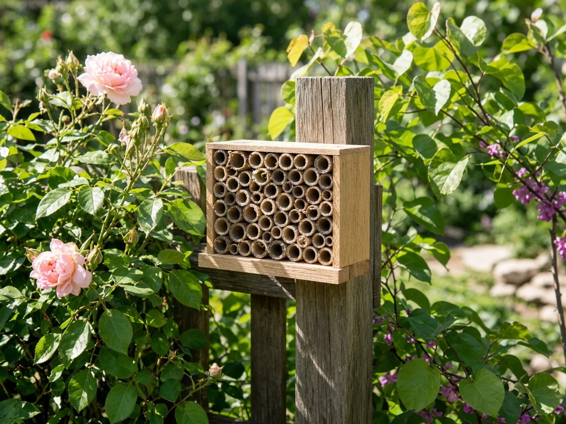 Cavity-nesting bee habitat box in a flowering garden