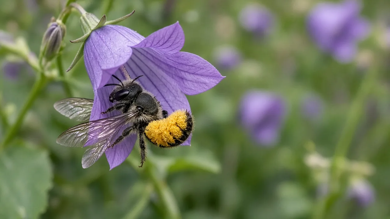 Leafcutter bee gathering pollen from a violet Campanula flower