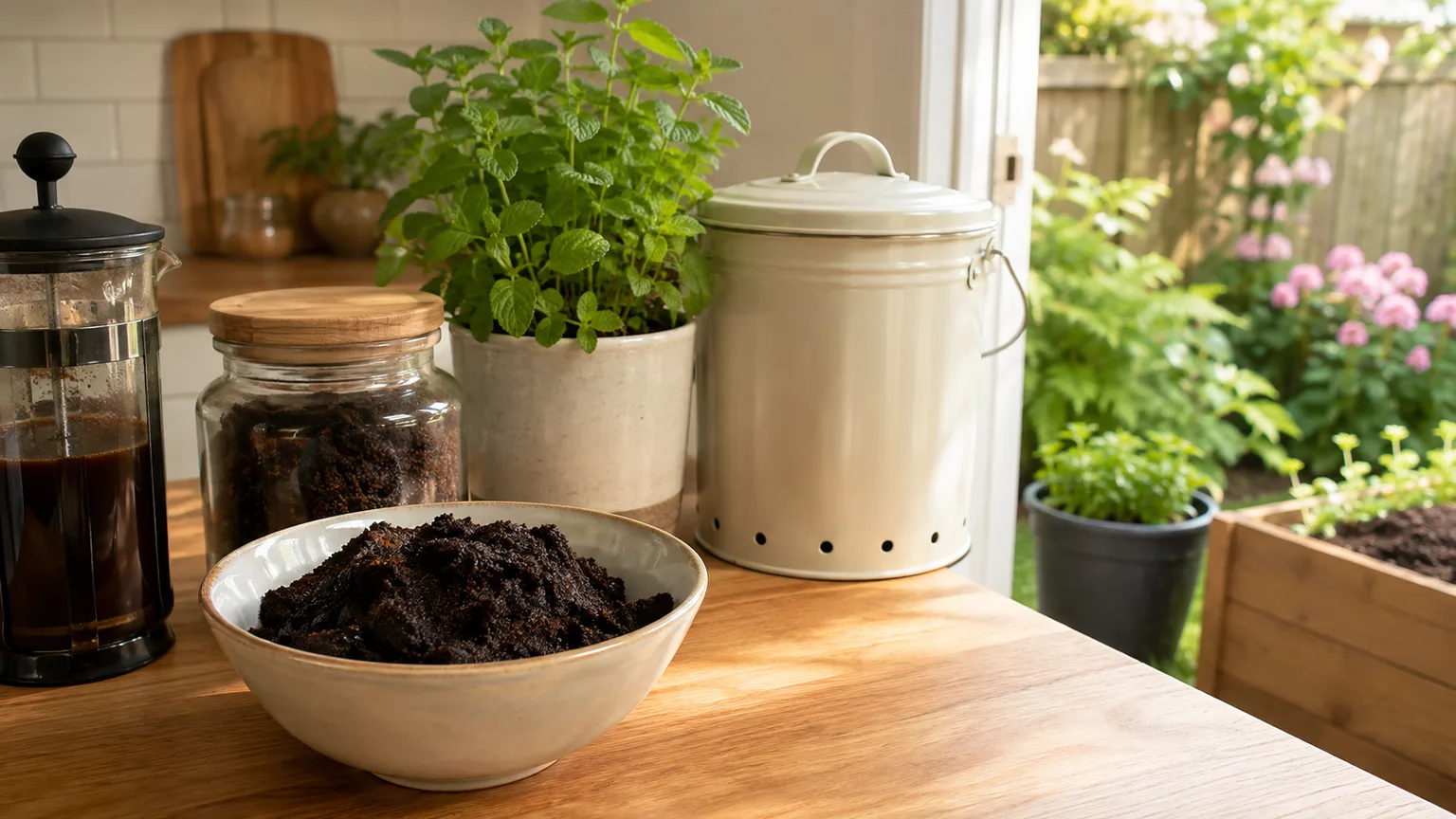 Used coffee grounds beside a compost container in a bright kitchen