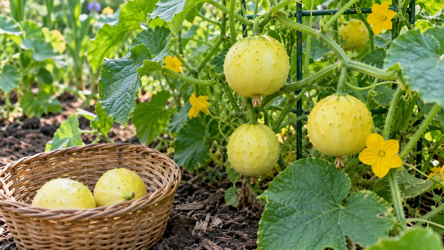 Small pale-yellow lemon cucumbers at the tender harvest stage beside a garden basket