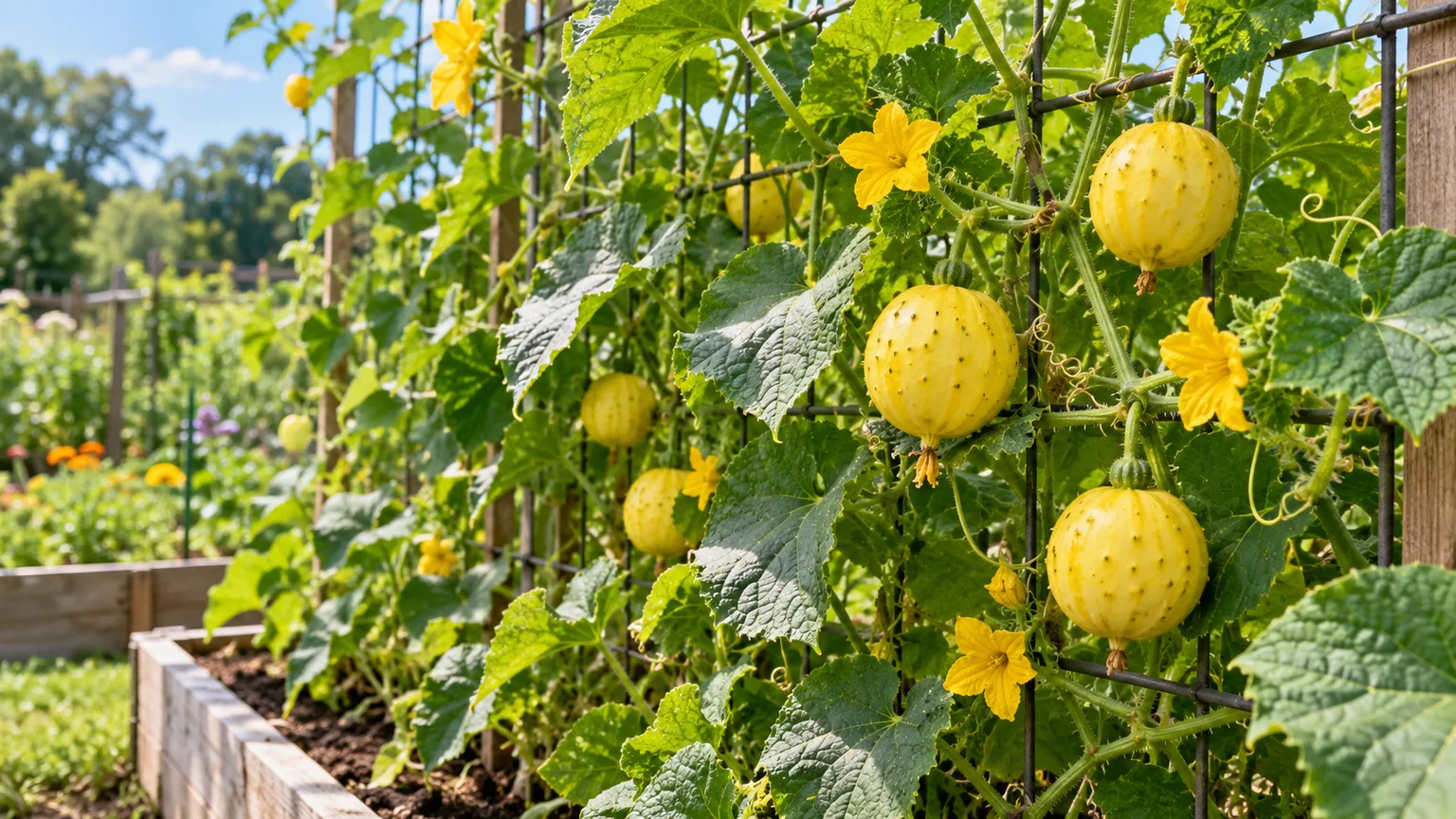 Round yellow lemon cucumbers growing on a trellised vine in a sunny garden