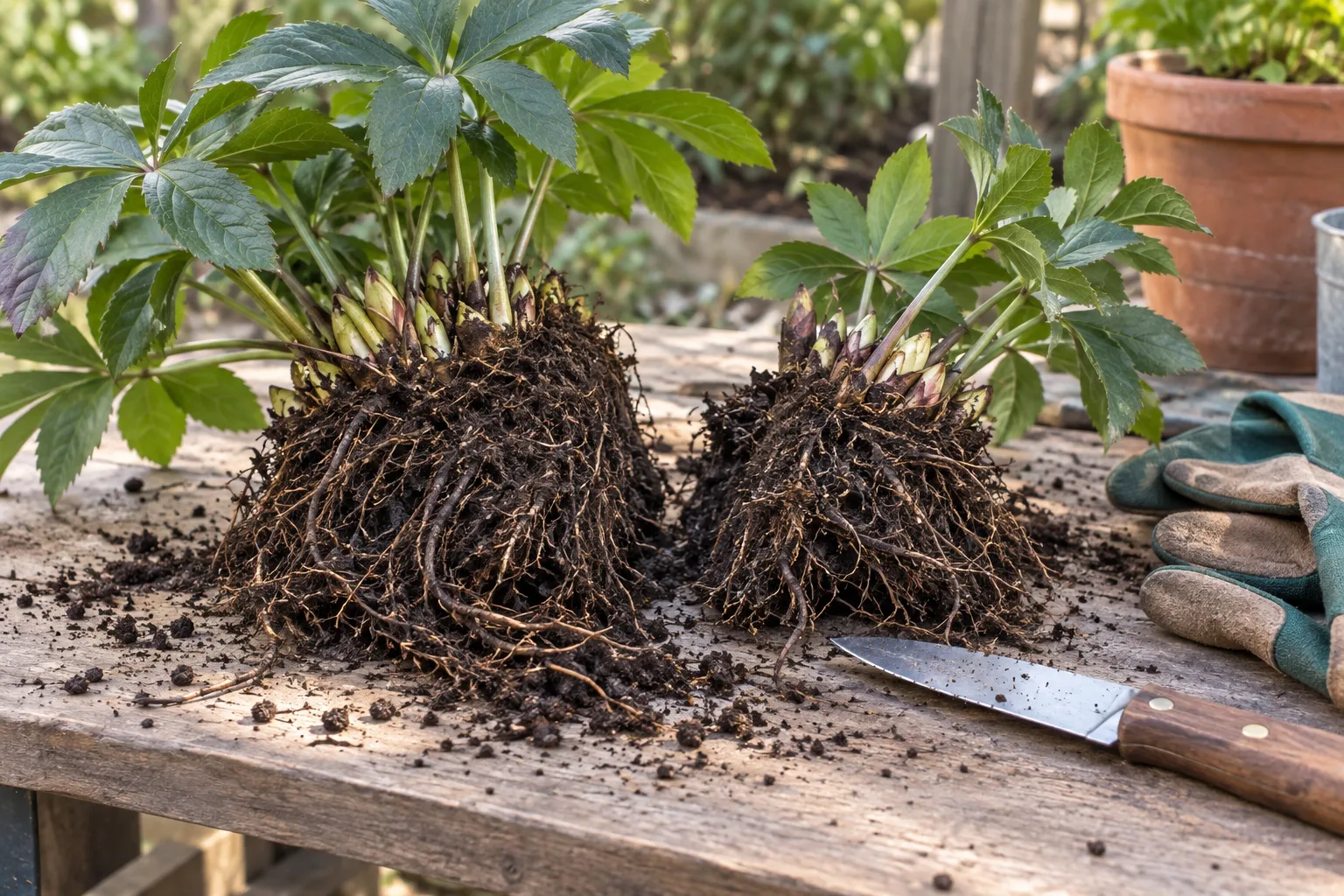 Shade-perennial division setup with separated roots and a clean planting workspace