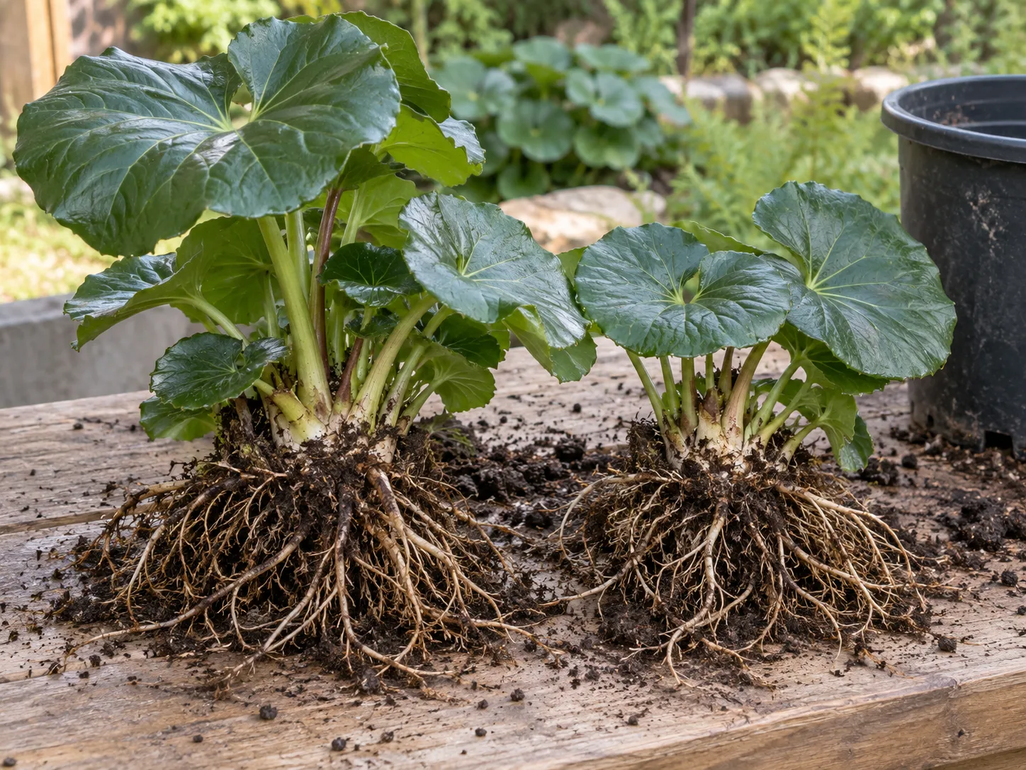 A mature clump perennial lifted and separated into rooted sections for division