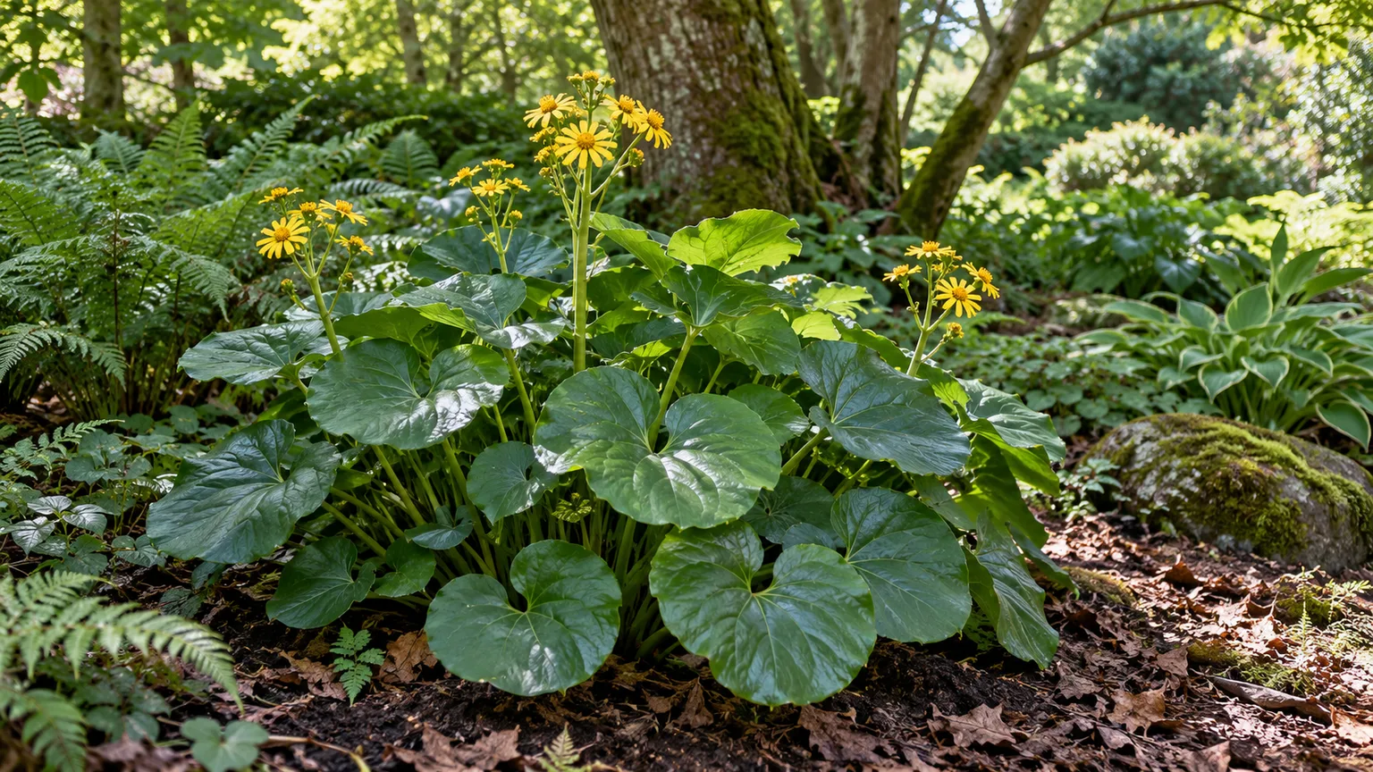 Leopard plant growing in a sheltered, moist woodland shade bed