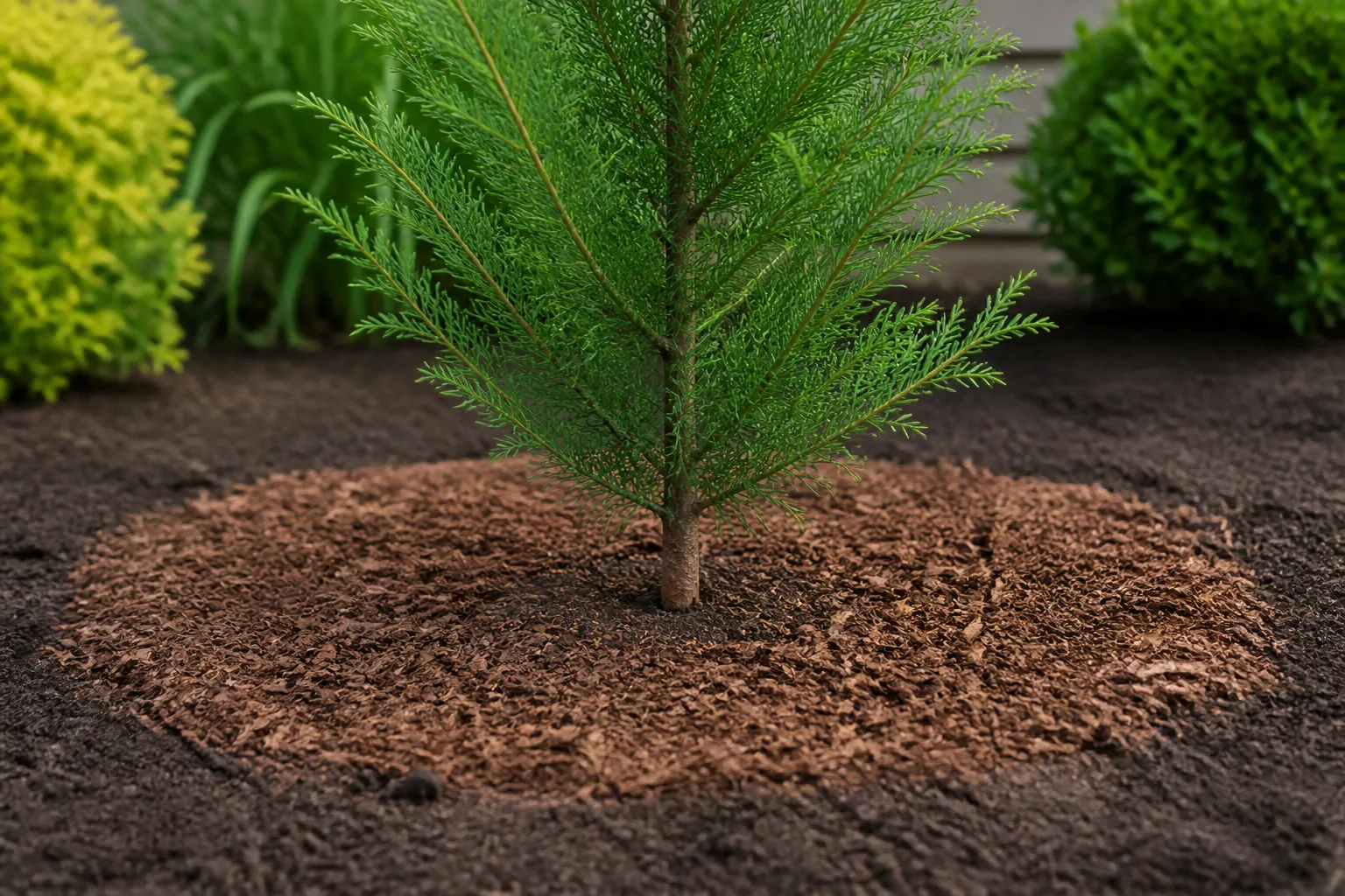 A young Leyland cypress planted at the correct depth in a mulched garden bed