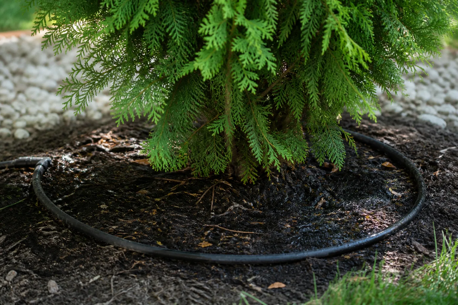 A soaker hose laid in a loop over the root zone beneath an evergreen tree