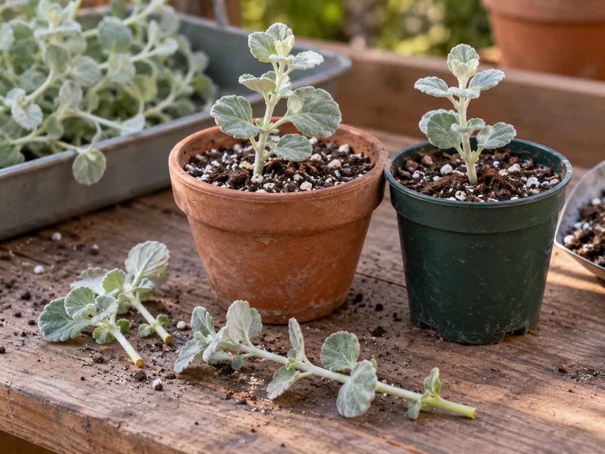 Licorice plant tip cuttings in an airy propagation mix on a potting bench