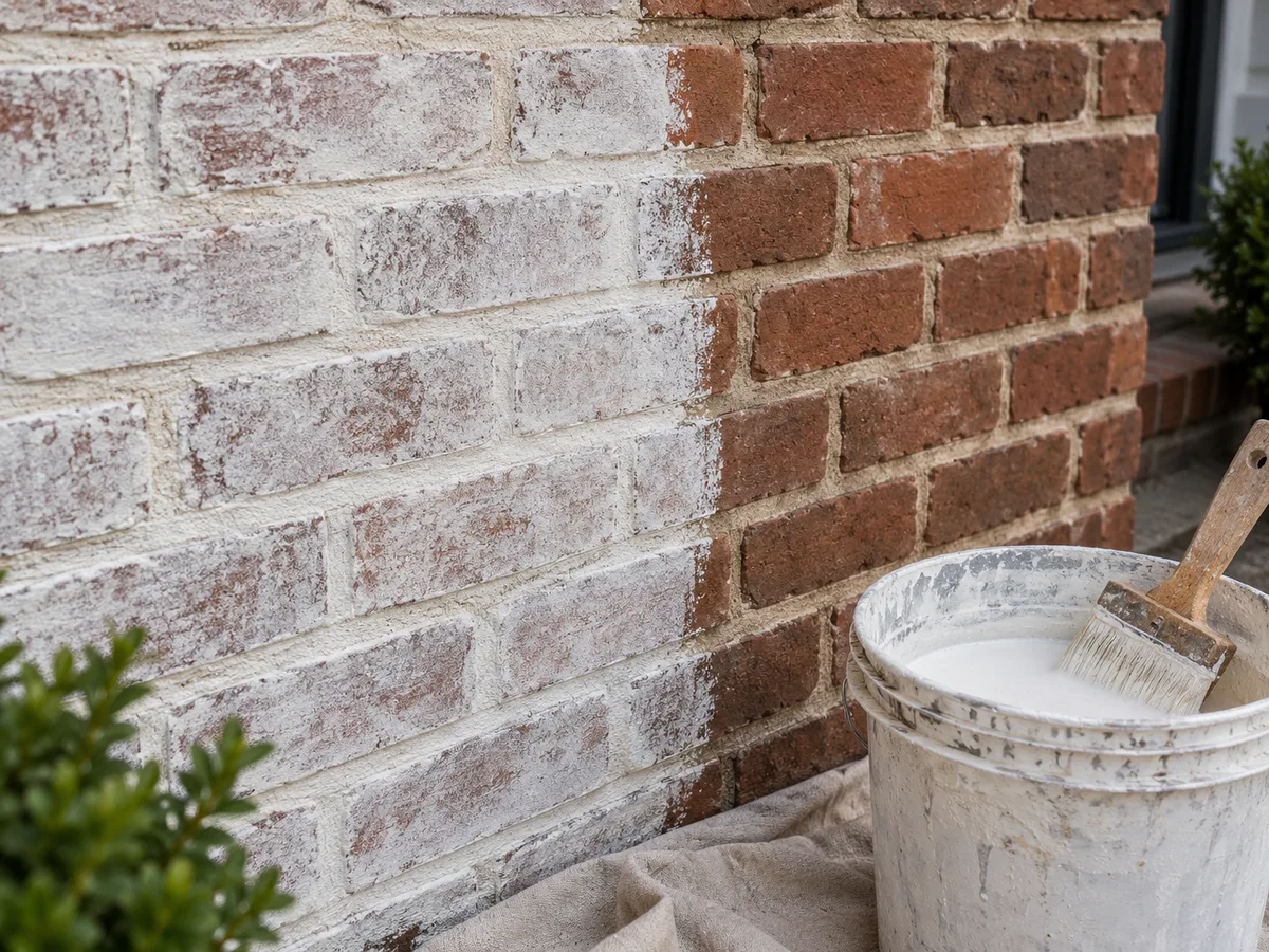 Masonry brush and limewash bucket beside a brick wall with a partial thin coat