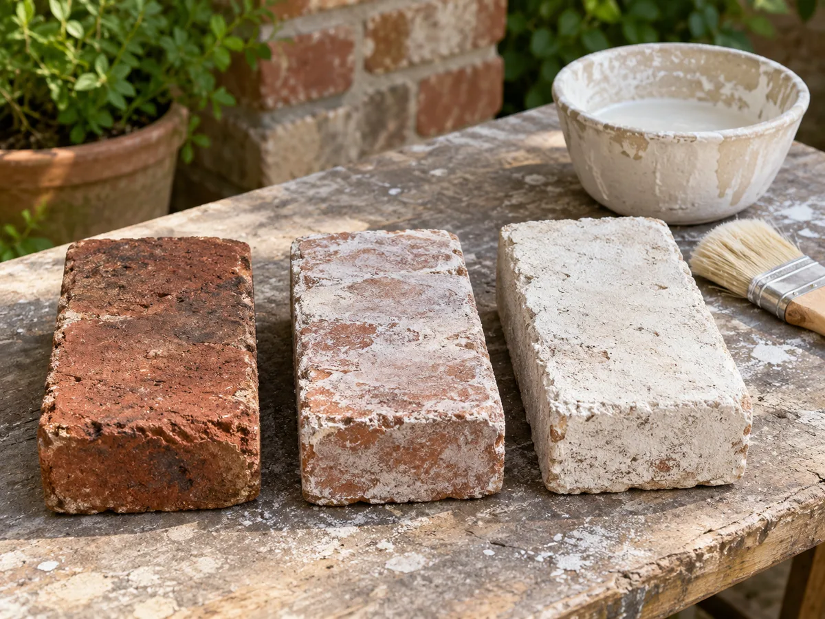 Three brick samples showing bare brick, a translucent limewash, and a more opaque finish