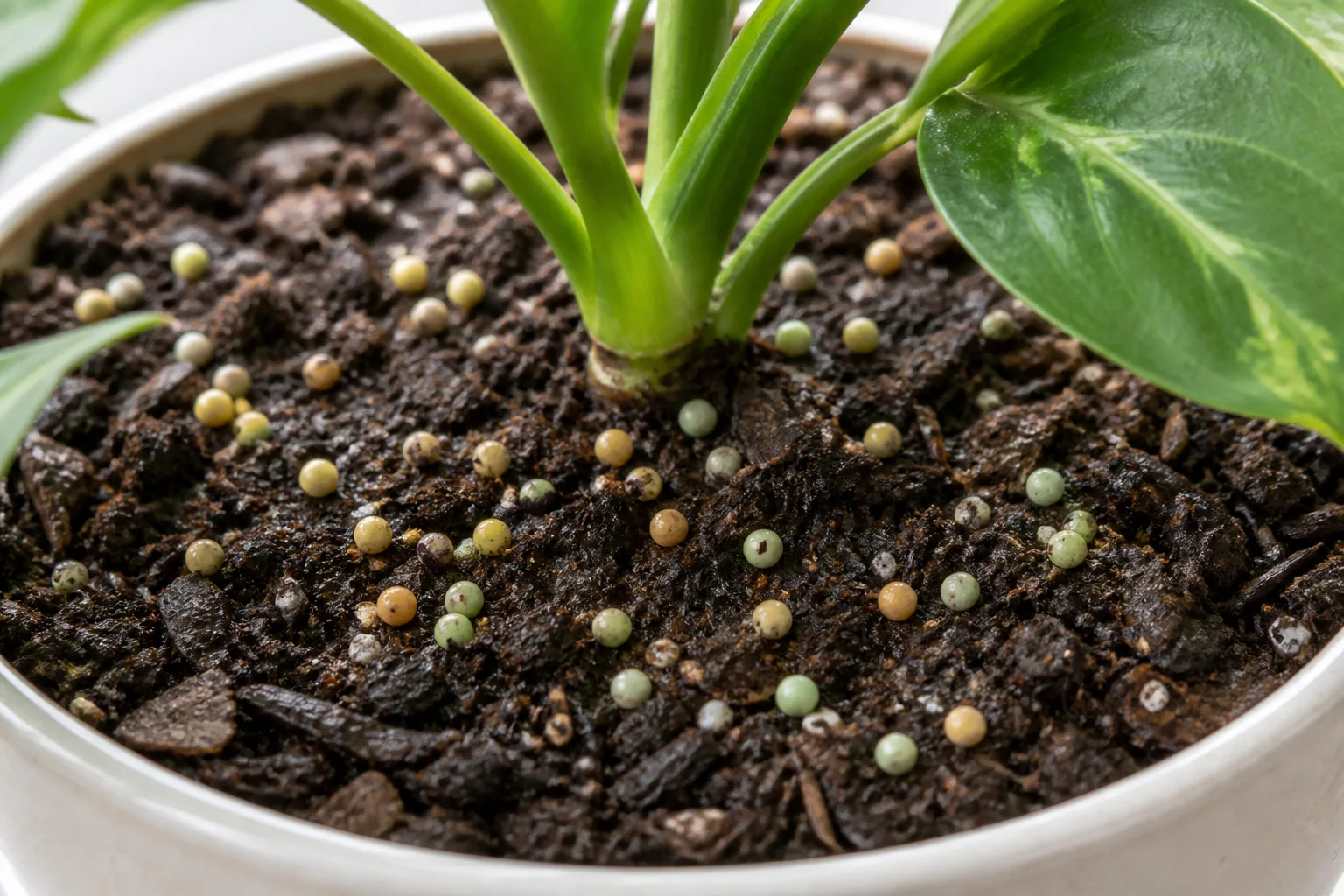 Slow-release fertilizer prills spread across potting soil around a plant