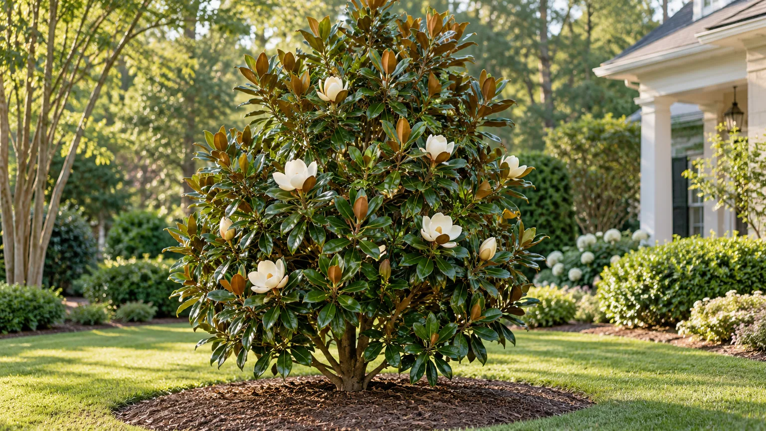 Little Gem magnolia with glossy evergreen leaves and creamy flowers in a residential garden